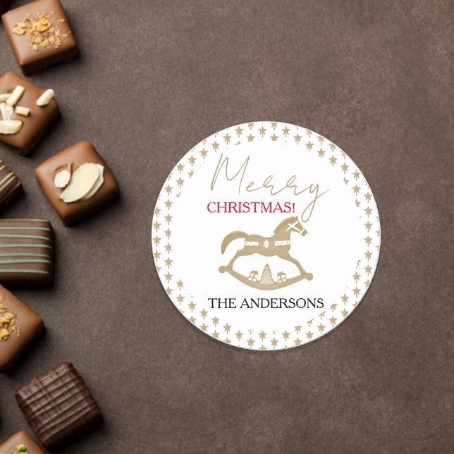 Adesivo Redondo Cavalo de Pedra de Natal de Madeira (Criador carregado)