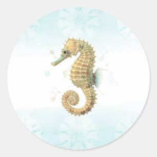 Adesivo Redondo Cavalo-Marinho Azul-Celeste & Dourado Aquarela Pra