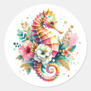 Adesivo Redondo Cavalo-Marinho Costeiro Rosa, Azul e Dourado Praia