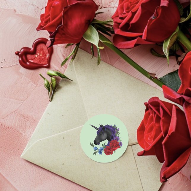 Adesivo Redondo Cavalo-marinho Unicórnio Preto Flores Roxas Vermel (Criador carregado)