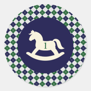 Adesivo Redondo Cavalo Mecedor Preppy Argyle 1º Aniversário