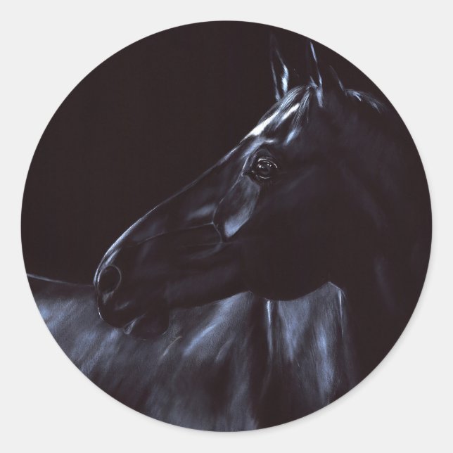 Adesivo Redondo Cavalo preto elegante pintado à mão (Frente)