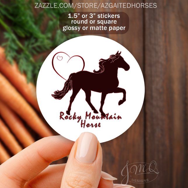 Adesivo Redondo Cavalo Rocky Montanha Silhouette Heart Equestrian (Sticker design with silhouette of Rocky Mountain Horse, heart outline, text reading Rocky Mountain.)