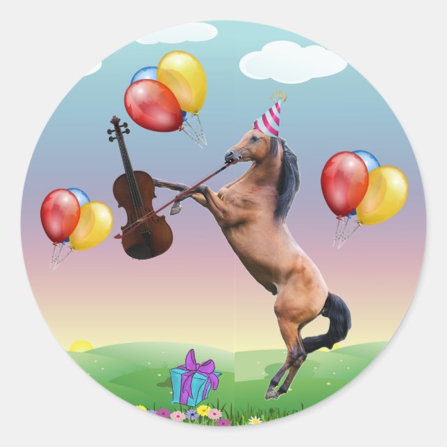Adesivo Redondo Cavalo tocando punhetas violino (Frente)