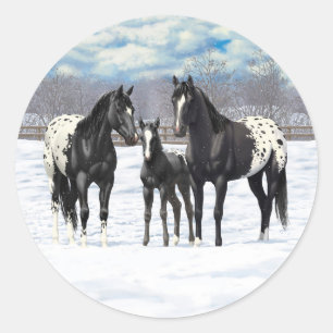 Adesivo Redondo Cavalos de Appaloosa Pretos Na Neve