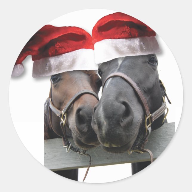 Adesivo Redondo Cavalos De Natal Com Chapéus De Pai Natal (Frente)