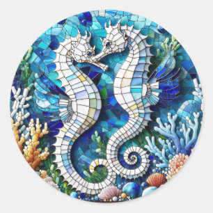 Adesivo Redondo Cavalos-marinhos mosaicos Beachia romântica