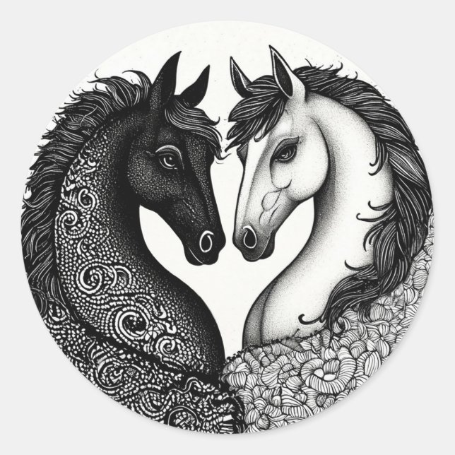 Adesivo Redondo Cavalos Pretos e Brancos 🐴 Dupla Equina Elegante  (Frente)