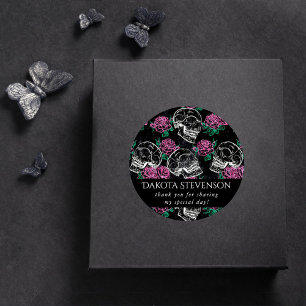 Adesivo Redondo Caveira Açucarada Rosas Rosas Obrigada Glamour G