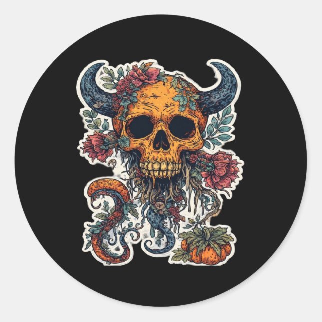 Adesivo Redondo Caveira com Chifres e Pumpkin Sticker - Maldito Ha (Frente)