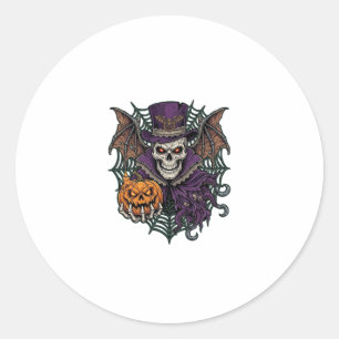 Adesivo Redondo Caveira de Halloween Chapéu Alto Asas de Morcego A