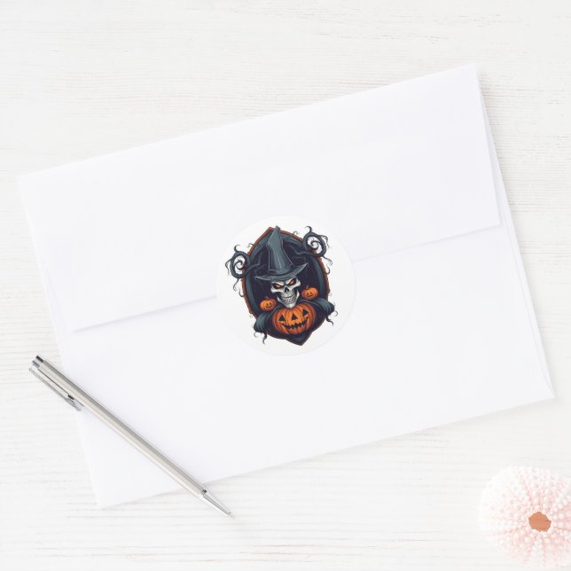 Adesivo Redondo Caveira de Halloween e Jack-o-lantern (Envelope)
