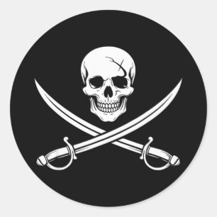 Adesivo Redondo Caveira de pirata e cruz de ossos cruzados espada 