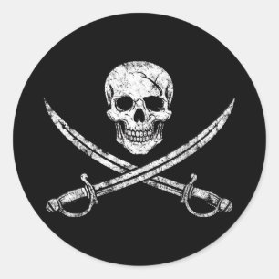 Adesivo Redondo Caveira de pirata ossos cruzados espada jolly roge