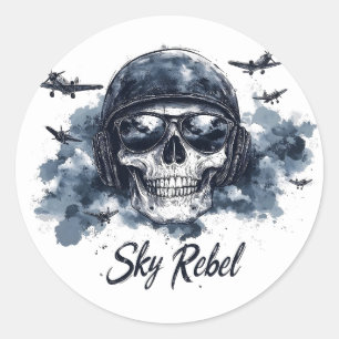 Adesivo Redondo Caveira do Céu Rebelde com Capacete Piloto e Óculo