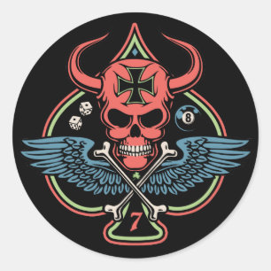 Adesivo Redondo Caveira do Diabo Maltês, Lucky Winged, de Espadas