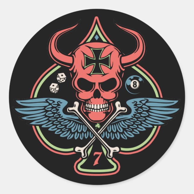 Adesivo Redondo Caveira do Diabo Maltês, Lucky Winged, de Espadas (Frente)