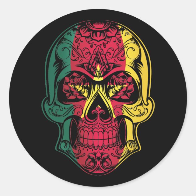 Adesivo Redondo Caveira E Bandeira De Rosas De Camarões (Frente)