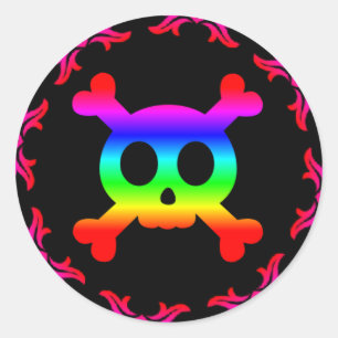 Adesivo Redondo Caveira e Crossbones Rainbow Sticker