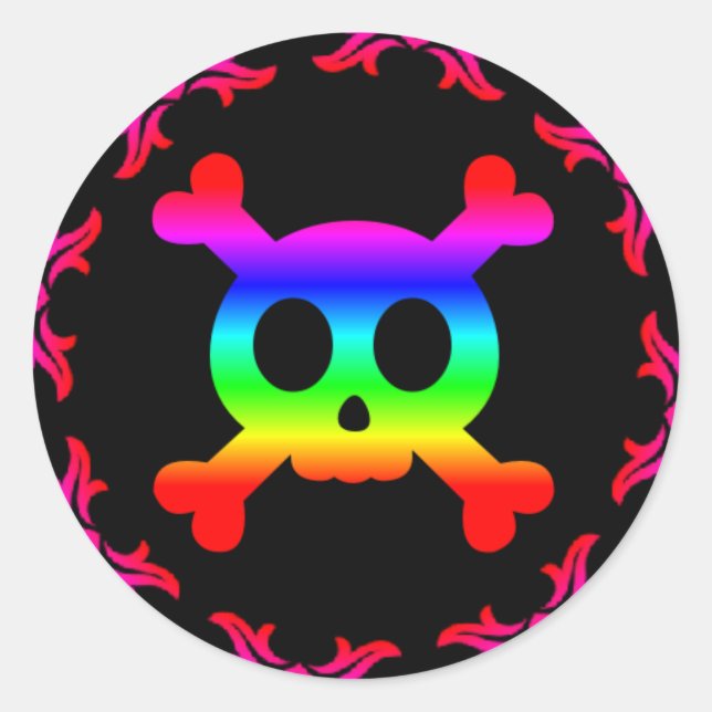 Adesivo Redondo Caveira e Crossbones Rainbow Sticker (Frente)