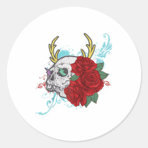 Adesivo Redondo Caveira Flor E Rosa Tatuagem Gráfico Arte Floral I