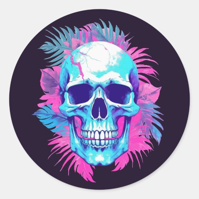 Adesivo Redondo Caveira Floral no Estilo Vaporwave (Frente)