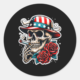 Adesivo Redondo Caveira Fumando Cigarro Rosa Bandeira EUA Esquelet
