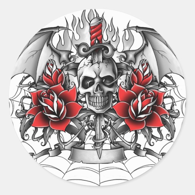 Adesivo Redondo Caveira n punhal com asas diabólicas (Frente)