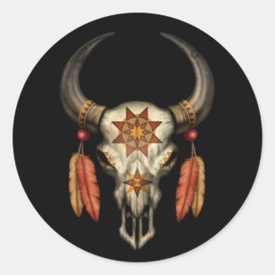 Adesivo Redondo Caveira Nativa Decorada com Penas a Preto