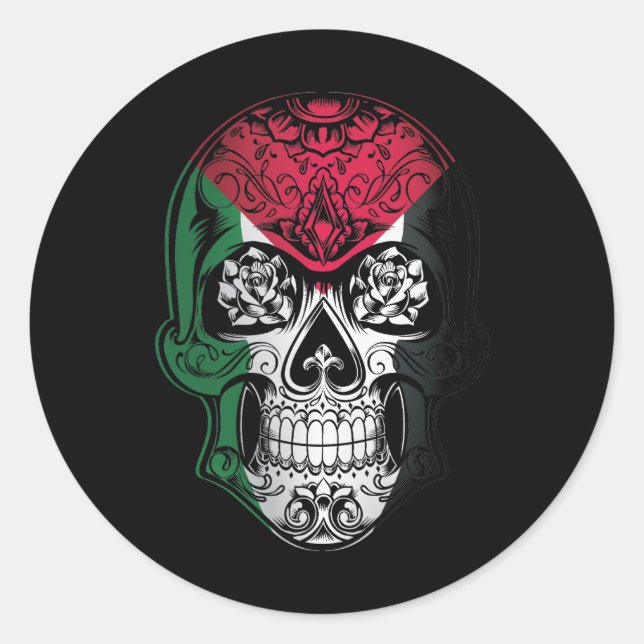 Adesivo Redondo Caveira Palestina E Bandeira De Rosas (Frente)
