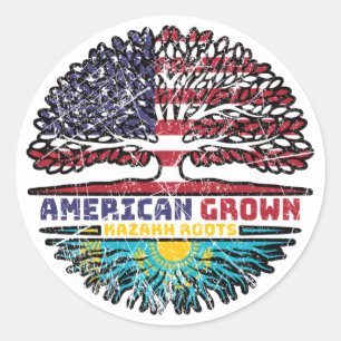Adesivo Redondo Cazaquistão Kazakh American Tree Roots Flag