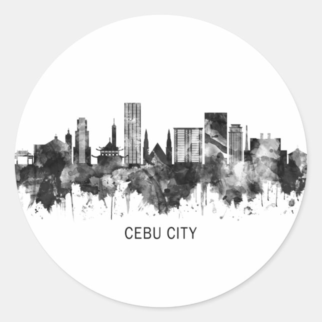 Adesivo Redondo Cebu City Filipinas Skyline BW (Frente)