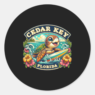 Adesivo Redondo Cedar Key Flórida Tartaruga Marinha Fofa Surfando