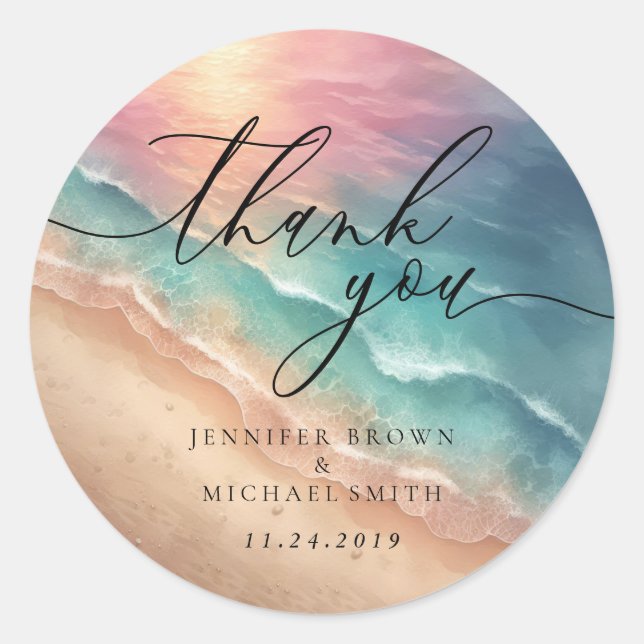 Adesivo Redondo Celebração Branding Pink Beach Ocean Obrigado (Frente)