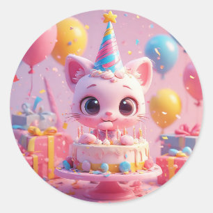 Adesivo Redondo Celebração de Aniversário de Gato Adorável Present