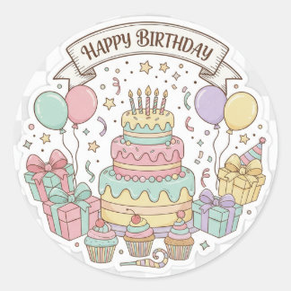 Adesivo Redondo Celebração de Aniversário Definitiva: Bolo, Presen