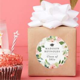 Adesivo Redondo Celebração de Graduação de Férias Floral Greenery 