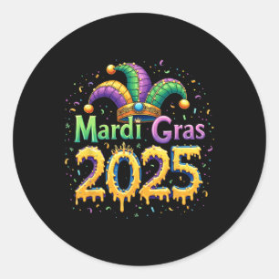 Adesivo Redondo Celebração de Mardi Gras 2025, Máscara Penas Mardi