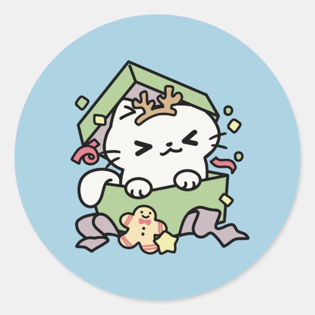 Adesivo Redondo Celebração de Natal com Gato de Tempo Puro (Frente)