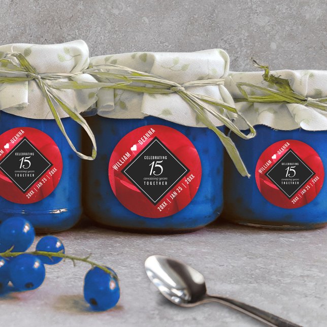 Adesivo Redondo Celebração do Aniversário de Casamento de Rosa 15  (Elegant 15th Rose Wedding Anniversary Round Sticker Cover Photo.)