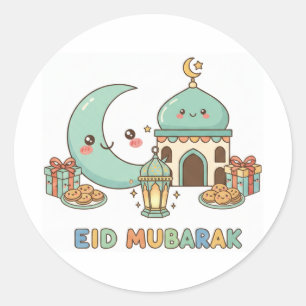 Adesivo Redondo Celebração Eid Mubarak - Lua Sorridente Kawaii