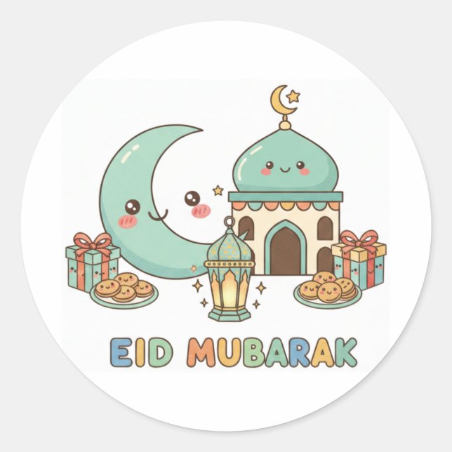 Adesivo Redondo Celebração Eid Mubarak - Lua Sorridente Kawaii (Frente)