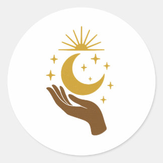 Adesivo Redondo Celestial Hand Holding the Moon – Minimal Cosmic D