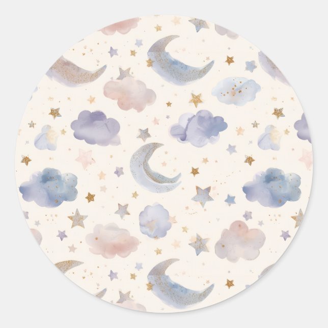 Adesivo Redondo Celestial Moon Stars Clouds Pastel Lavender (Frente)