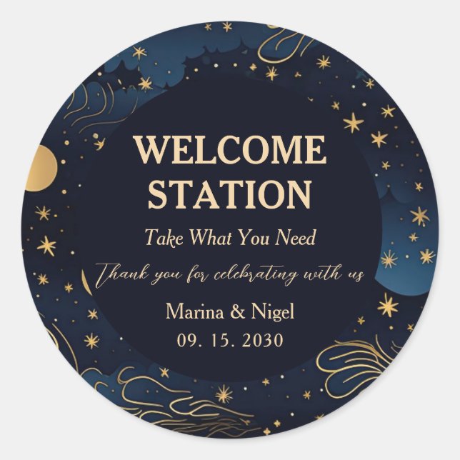 Adesivo Redondo Celestial Navy Gold Wedding Welcome Station (Frente)