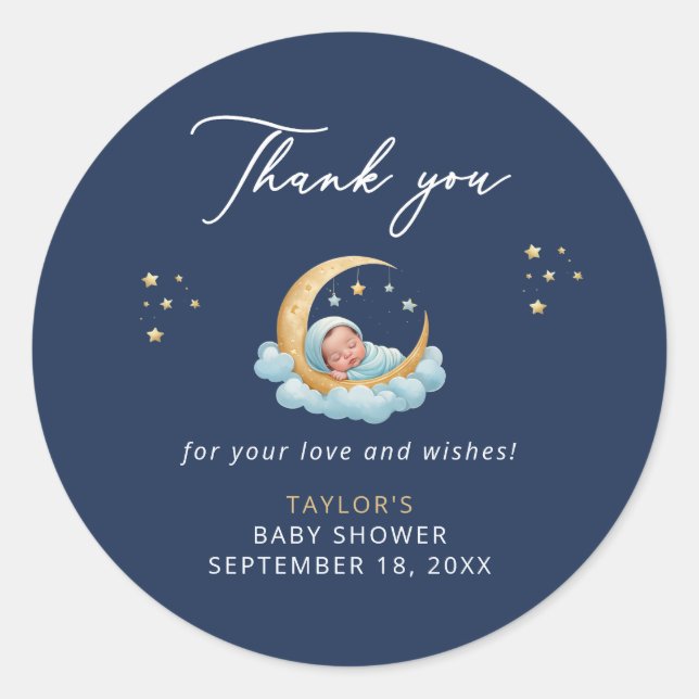 Adesivo Redondo Celestial Navy Moon Baby Shower Thank You Sticker (Frente)
