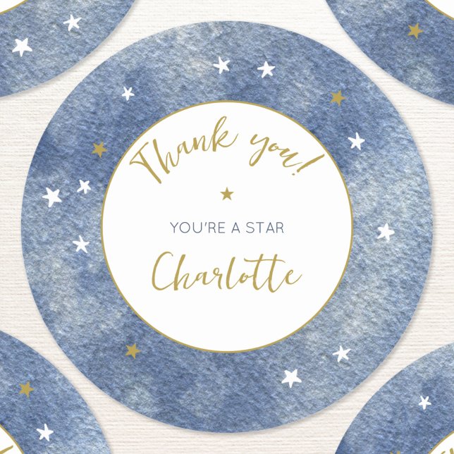 Adesivo Redondo Celestial Star Watercolor Personalizado Obrigado (You're a Star watercolor blue celestial star personalized thank you sticker)