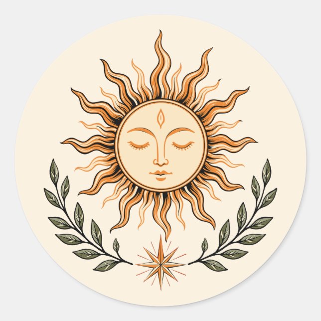 Adesivo Redondo Celestial Sun Face Botanical Mystical Art (Frente)
