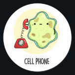 Adesivo Redondo Celular Funny Biology Science Pun<br><div class="desc">Celular Engraçado Biology Science Pun apresenta uma linda célula de solteiro usando um telefone vintage. Benny Pun presente para família e amigos que amam biologia,  celulares e trocadilhos.</div>