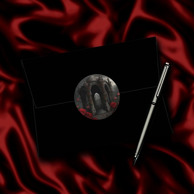 Adesivo Redondo Cemitério gótico Gazebo com Rosas vermelhas à noit (Criador carregado)